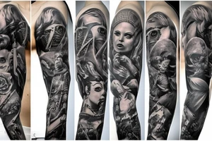 full sleeve, brutish monsters, space heroes, scantily-clad damsel in distress, pulp, noir tattoo idea