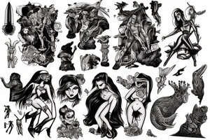 full sleeve, brutish monsters, space heroes, scantily-clad damsel in distress, pulp, noir tattoo idea