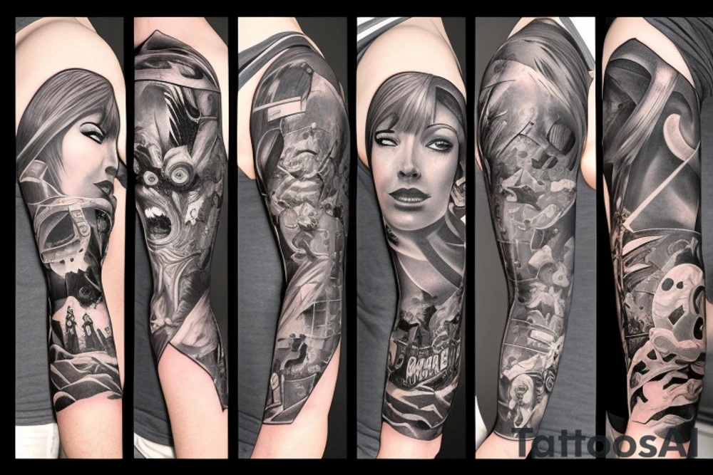 full sleeve, brutish monsters, space heroes, scantily-clad damsel in distress, pulp, noir tattoo idea