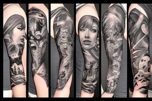 full sleeve, brutish monsters, space heroes, scantily-clad damsel in distress, pulp, noir tattoo idea