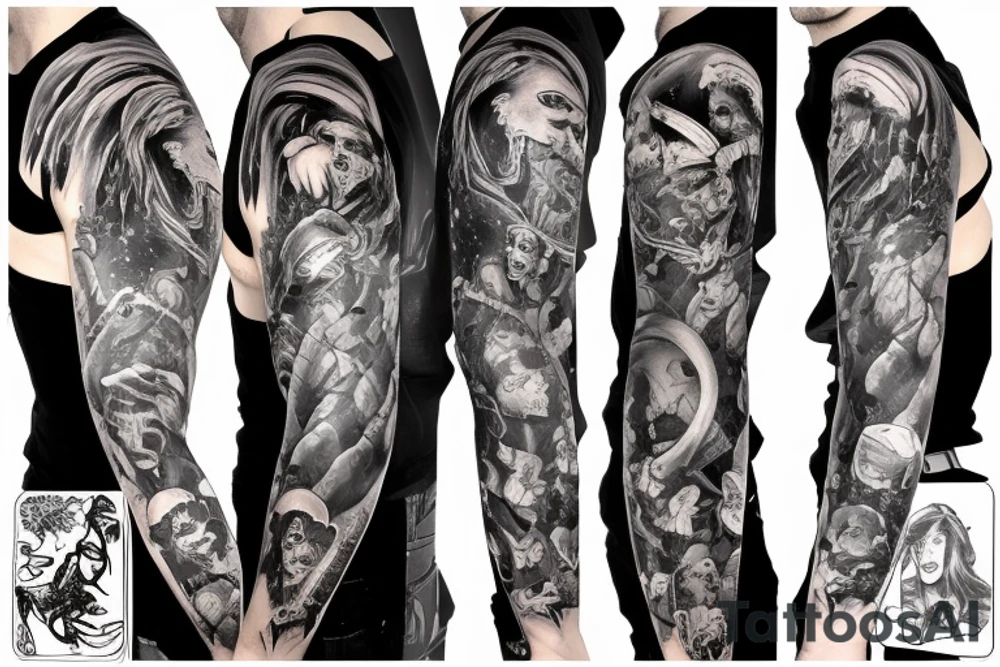 full sleeve, brutish monsters, space heroes, scantily-clad damsel in distress, pulp, noir, color tattoo idea