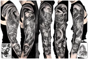 full sleeve, brutish monsters, space heroes, scantily-clad damsel in distress, pulp, noir, color tattoo idea