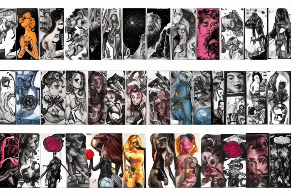 full sleeve, brutish monsters, space heroes, scantily-clad damsel in distress, pulp, noir, color tattoo idea