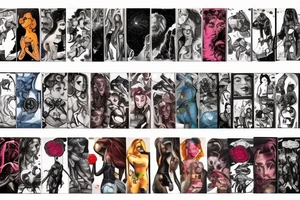 full sleeve, brutish monsters, space heroes, scantily-clad damsel in distress, pulp, noir, color tattoo idea