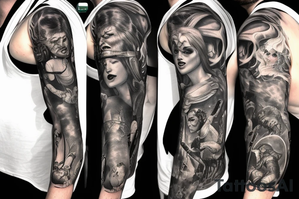 full sleeve, brutish monsters, space heroes, scantily-clad damsel in distress, pulp, noir, color tattoo idea