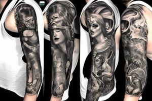 full sleeve, brutish monsters, space heroes, scantily-clad damsel in distress, pulp, noir, color tattoo idea