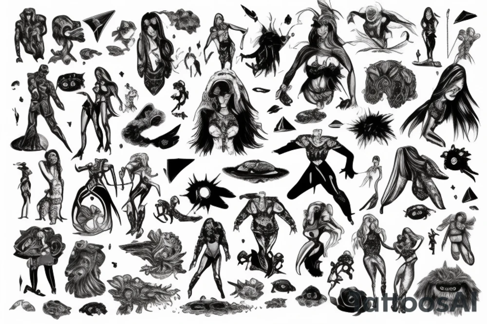 full sleeve, brutish monsters, space heroes, scantily-clad damsel in distress, pulp, noir, color tattoo idea