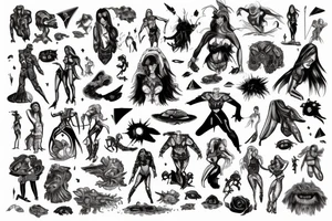 full sleeve, brutish monsters, space heroes, scantily-clad damsel in distress, pulp, noir, color tattoo idea