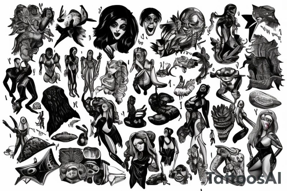 full sleeve, brutish monsters, space heroes, scantily-clad damsel in distress, pulp, noir, color tattoo idea