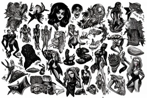 full sleeve, brutish monsters, space heroes, scantily-clad damsel in distress, pulp, noir, color tattoo idea