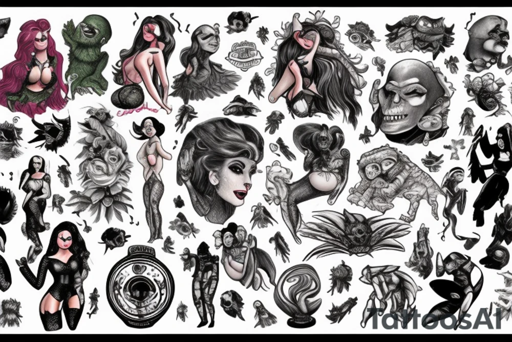 full sleeve, brutish monsters, space heroes, scantily-clad damsel in distress, pulp, noir, color tattoo idea