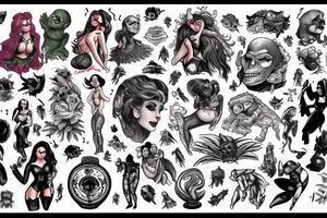 full sleeve, brutish monsters, space heroes, scantily-clad damsel in distress, pulp, noir, color tattoo idea