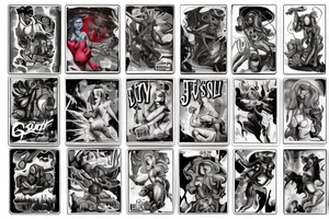 full sleeve, brutish monsters, space heroes, scantily-clad damsel in distress, pulp, noir, color tattoo idea