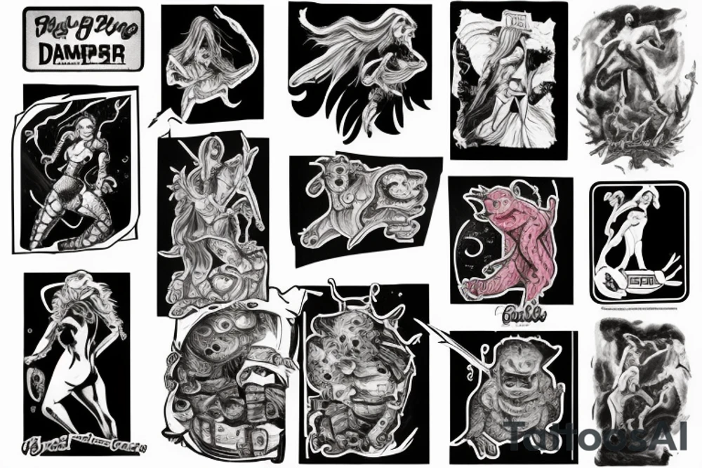 full sleeve, brutish monsters, space heroes, scantily-clad damsel in distress, pulp, noir, color tattoo idea