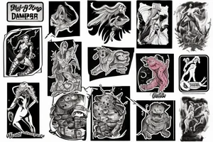 full sleeve, brutish monsters, space heroes, scantily-clad damsel in distress, pulp, noir, color tattoo idea