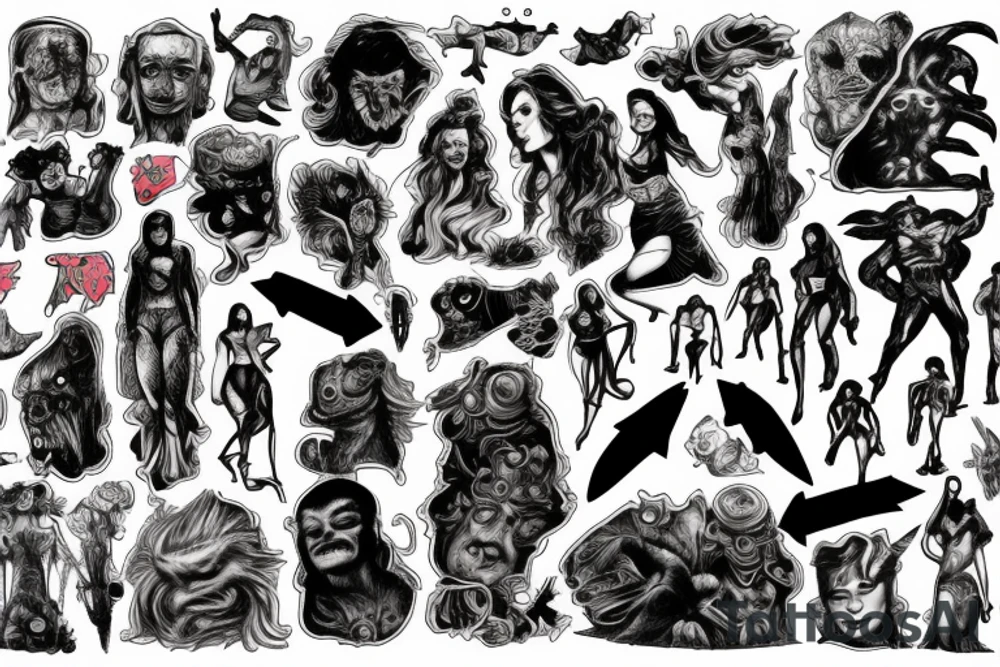full sleeve, brutish monsters, space heroes, scantily-clad damsel in distress, pulp, noir, color tattoo idea