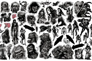 full sleeve, brutish monsters, space heroes, scantily-clad damsel in distress, pulp, noir, color tattoo idea