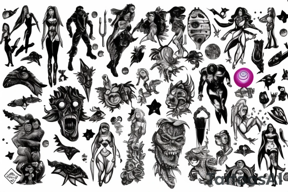 full sleeve, brutish monsters, space heroes, scantily-clad damsel in distress, pulp, noir, color tattoo idea