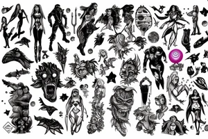 full sleeve, brutish monsters, space heroes, scantily-clad damsel in distress, pulp, noir, color tattoo idea