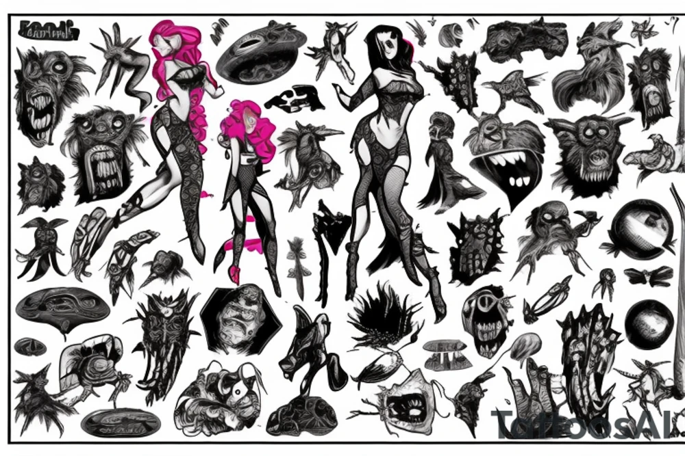 full sleeve, brutish monsters, space heroes, scantily-clad damsel in distress, pulp, noir, color tattoo idea
