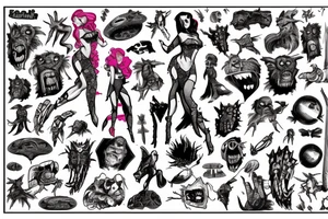 full sleeve, brutish monsters, space heroes, scantily-clad damsel in distress, pulp, noir, color tattoo idea