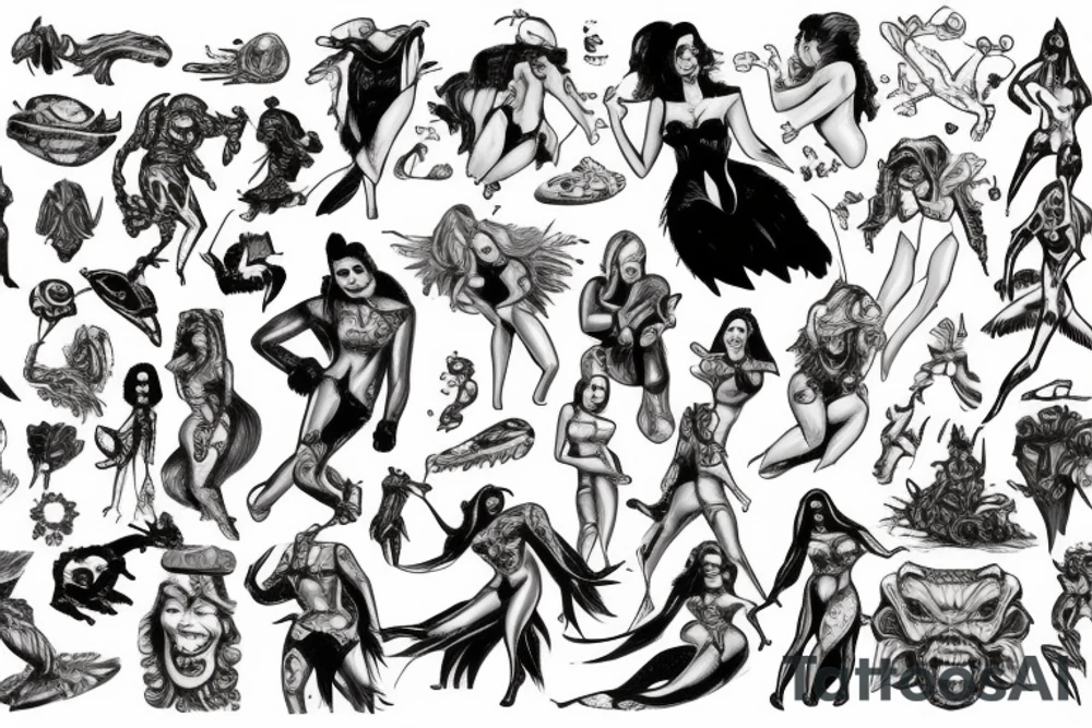 full sleeve, brutish monsters, space heroes, scantily-clad damsel in distress, pulp, noir, color tattoo idea