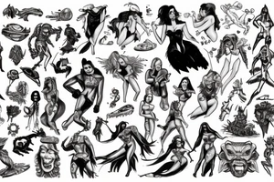 full sleeve, brutish monsters, space heroes, scantily-clad damsel in distress, pulp, noir, color tattoo idea