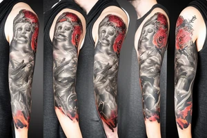 full sleeve, brutish monsters, space heroes, scantily-clad damsel, pulp, noir, color tattoo idea