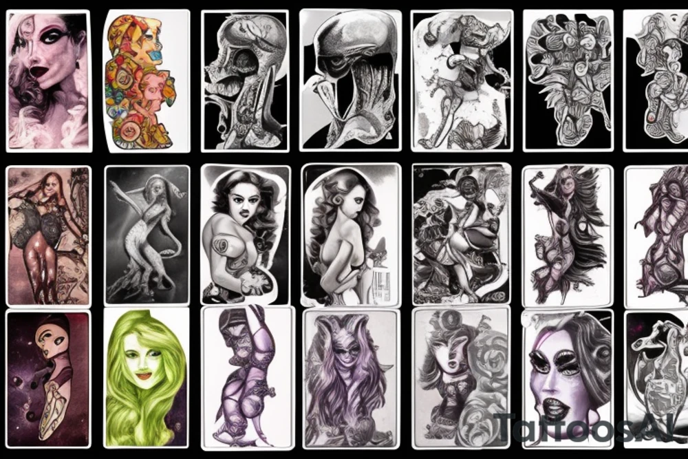 full sleeve, brutish monsters, space heroes, scantily-clad damsel, pulp, noir, color tattoo idea