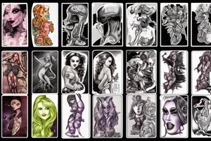 full sleeve, brutish monsters, space heroes, scantily-clad damsel, pulp, noir, color tattoo idea