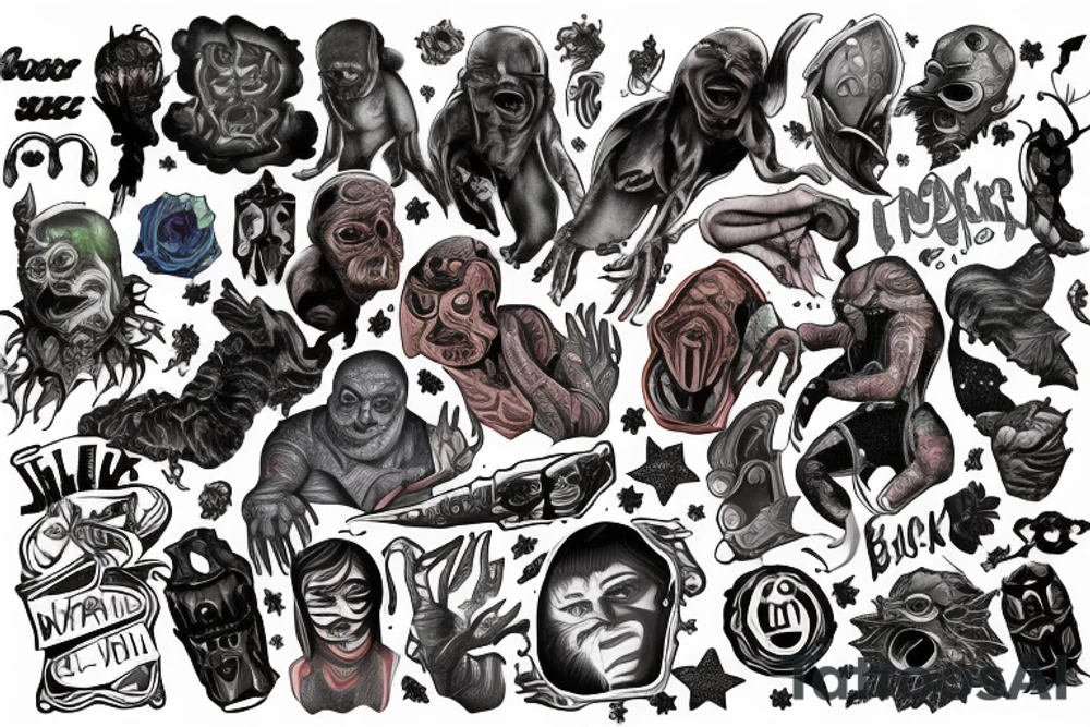 full sleeve, brutish monsters, space heroes, scantily-cladl, pulp, noir, color tattoo idea