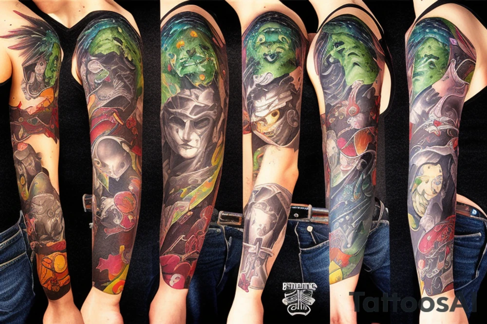 full sleeve, brutish monsters, space heroes, scantily-cladl, pulp, noir, color tattoo idea