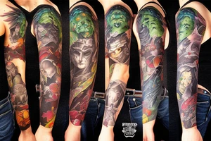 full sleeve, brutish monsters, space heroes, scantily-cladl, pulp, noir, color tattoo idea