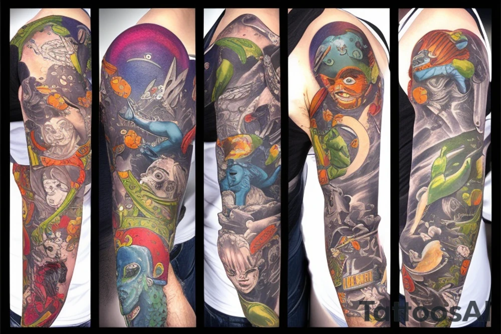 full sleeve, brutish monsters, space heroes, scantily-clad, pulp, color tattoo idea