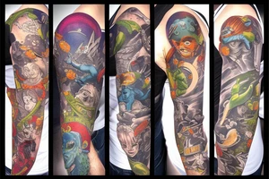 full sleeve, brutish monsters, space heroes, scantily-clad, pulp, color tattoo idea