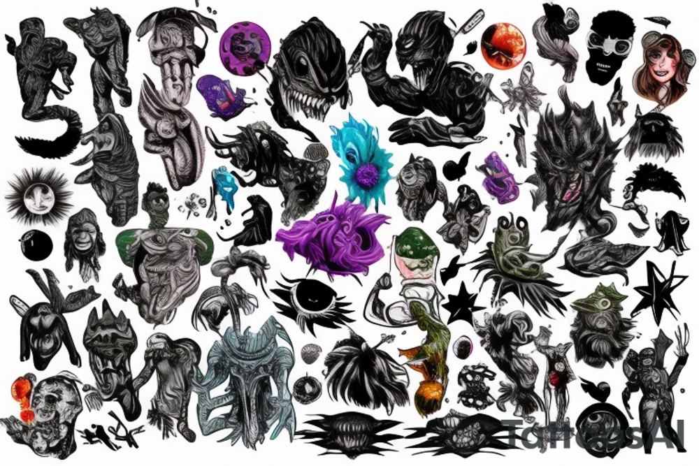 full sleeve, brutish monsters, space heroes, scantily-clad, pulp, color tattoo idea