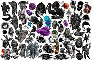 full sleeve, brutish monsters, space heroes, scantily-clad, pulp, color tattoo idea