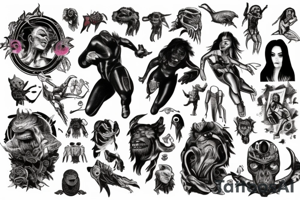 full sleeve, brutish monsters, space heroes, scantily-clad, pulp, color tattoo idea