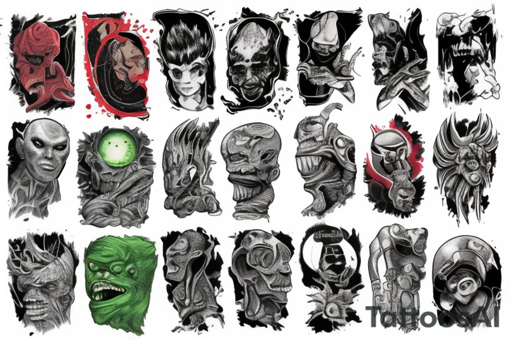 full sleeve, brutish monsters, space heroes, pulp, color tattoo idea