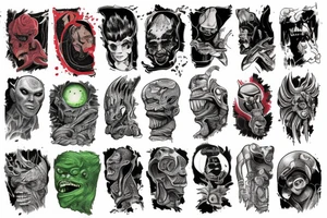 full sleeve, brutish monsters, space heroes, pulp, color tattoo idea