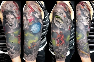 full sleeve, brutish monsters, space heroes, pulp, color tattoo idea