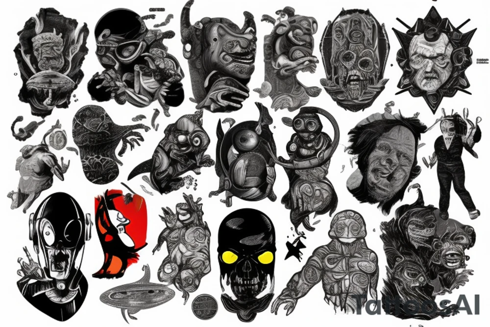 full sleeve, brutish monsters, space heroes, pulp Science fiction, color tattoo idea