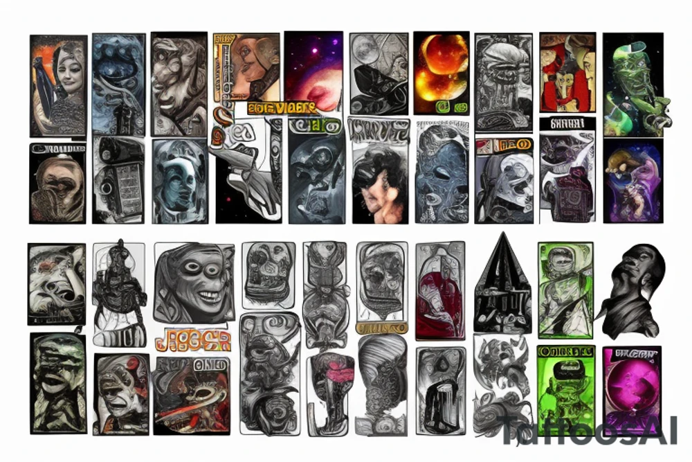 full sleeve, brutish monsters, space heroes, pulp Science fiction, color tattoo idea