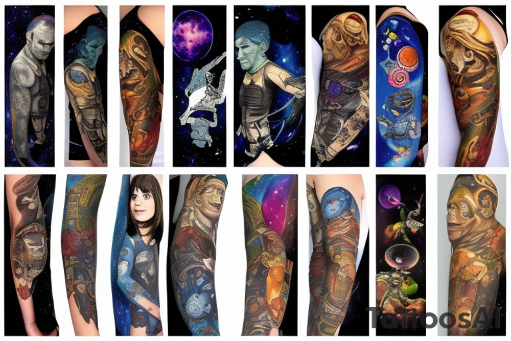 full sleeve, space heroes, pulp Science fiction, color tattoo idea