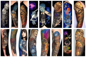 full sleeve, space heroes, pulp Science fiction, color tattoo idea