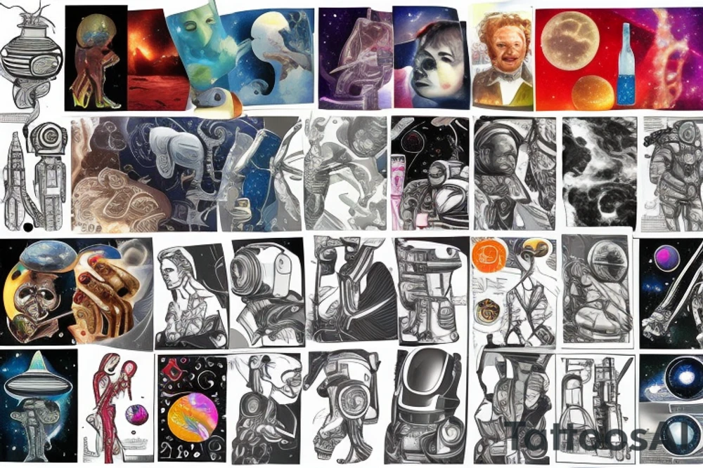 full sleeve, space heroes, pulp Science fiction, color tattoo idea