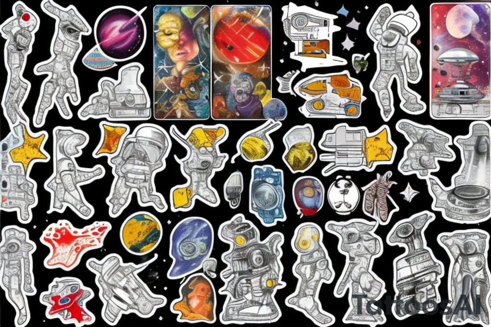 full sleeve, space heroes, pulp Science fiction, color, tattoo idea