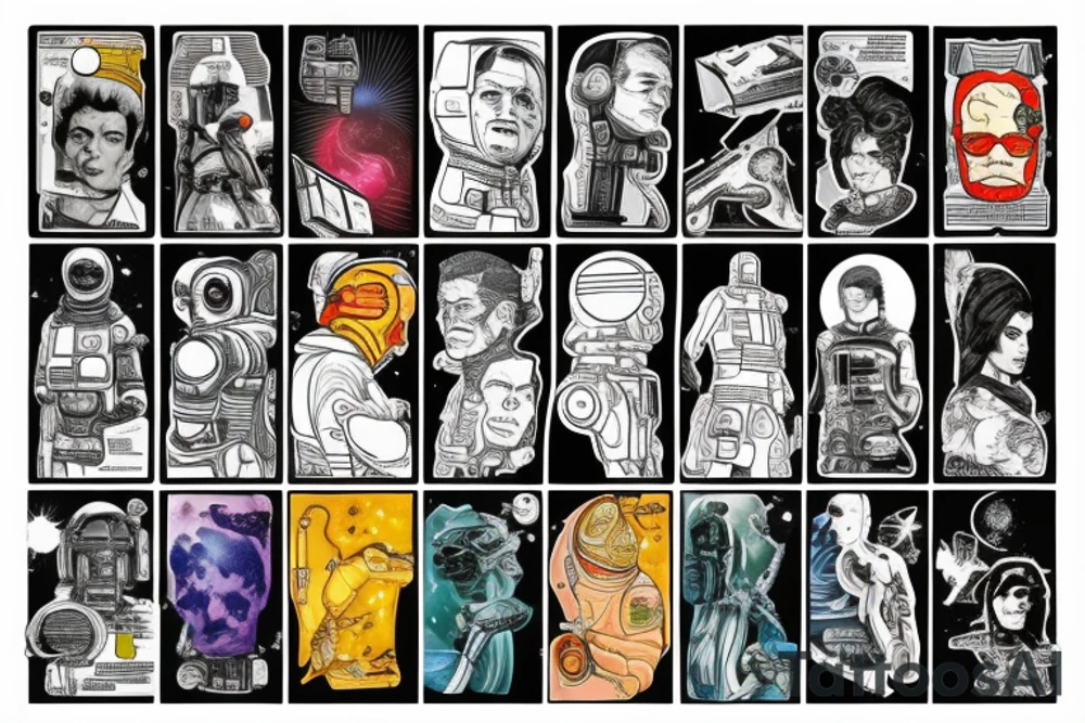 full sleeve, space heroes, pulp Science fiction, color, tattoo idea