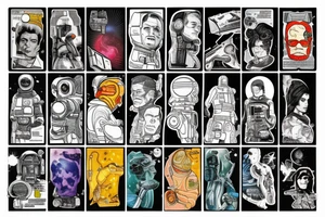 full sleeve, space heroes, pulp Science fiction, color, tattoo idea