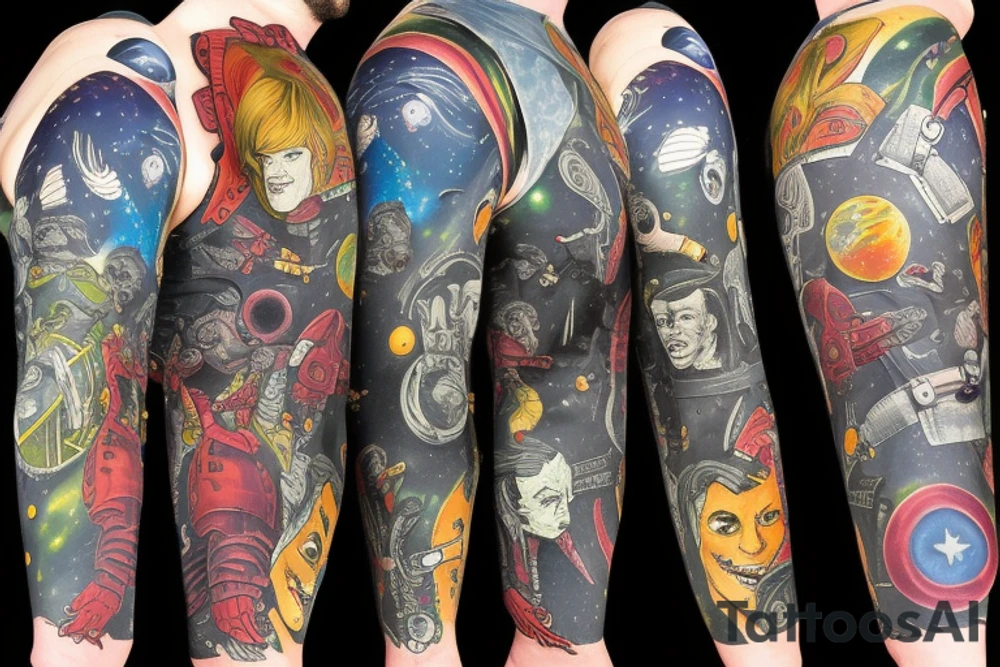 full sleeve, space heroes, pulp Science fiction, color, tattoo idea